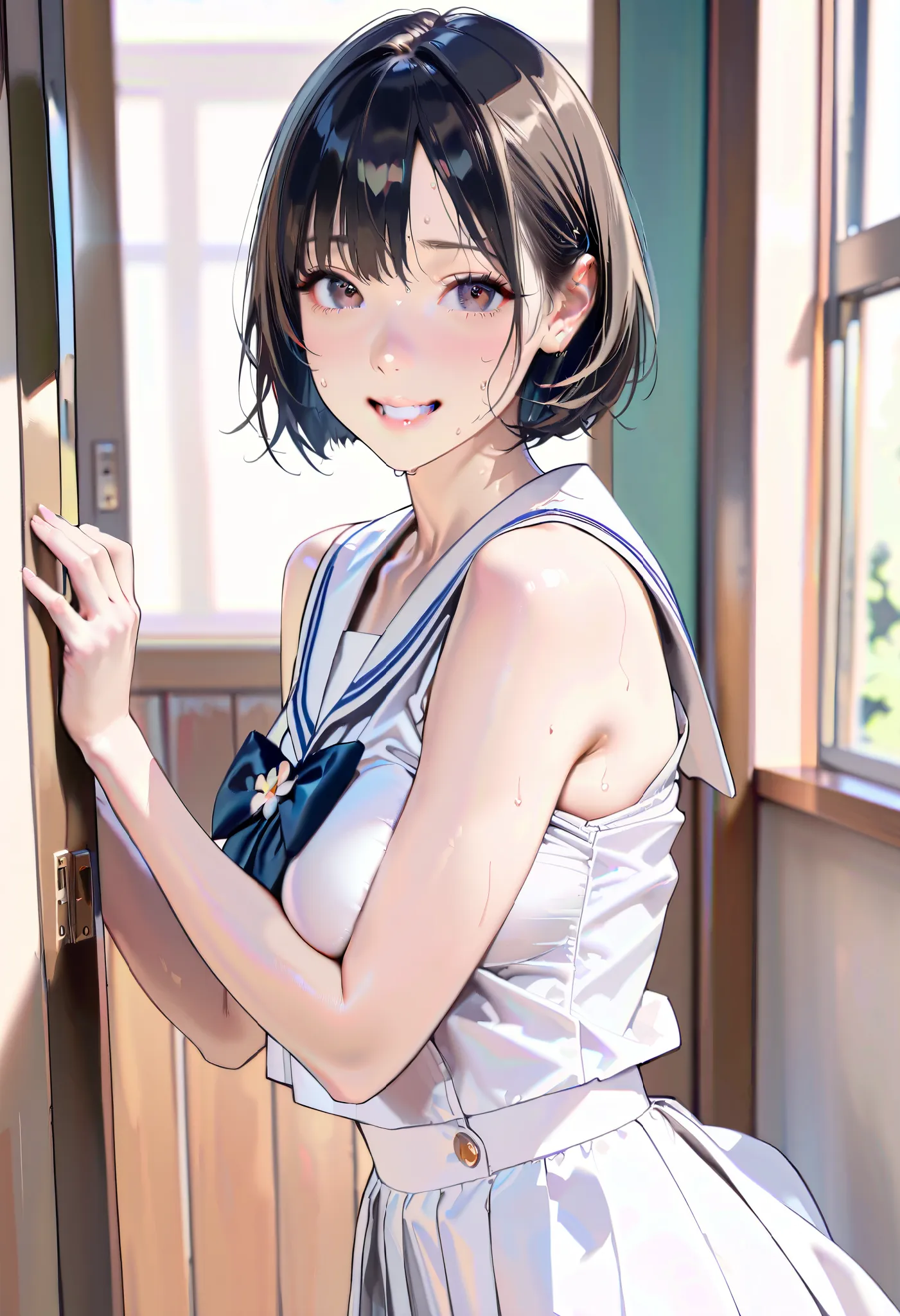 masterpiece, 8k,  photorealistic, Raw photo, best quality,  realistic glowing skin , (1 girl), (dynamic pose), It makes me breathe, Classic navy blue and white sailor suit , Summer clothes,  excited expression, Hot Eyes, Natural black hair,  bob cut hairst...