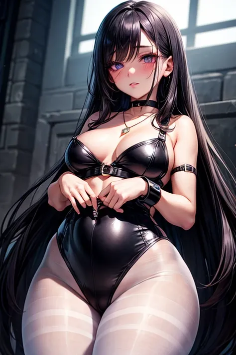 Short, chubby, overweight girl, rotund, big eyes, long straight black hair, pretty face, full lips, blushing, shy, choker, pendant, dark mascara, heavy purple eyeshadow, scar under left eye, BDSM harness, collar, cuffs, black competition leotard, white pan...