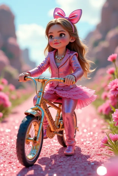 A picture of a three-year-old girl wearing a pink suit encrusted with diamonds and jewels and riding a bicycle encrusted with diamonds and jewels on a road full of