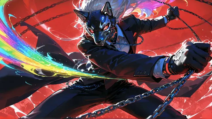 Thin outline,  anime style,  cool and edgy , A mysterious figure in a  dark suit with robotic features, Hold the chain,  wearing an advanced wolf mask with glowing red eyes, Standing on a red background ,  Dramatic Lighting, Cyberpunk,  dark,  sleek design...