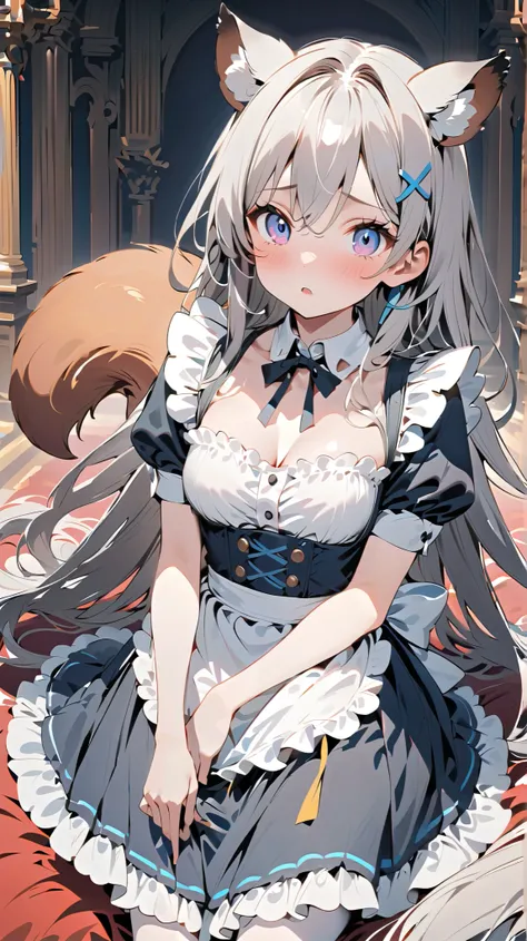 {{{ masterpiece}}}, {{{ top quality}}}, {{ super high resolution}}, {美しい細部までこだわったEye }, 1 girl, alone, (( gray hair)), very long hair, 青いEye , ( straight hair ), (bangs), animal ears, (Weasel Ears:1.1), choker, stupid hair , teeth, (big...