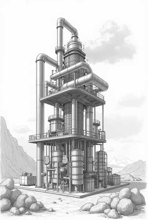 system for air capture, filtration, and CO2 storage. draw in pencil