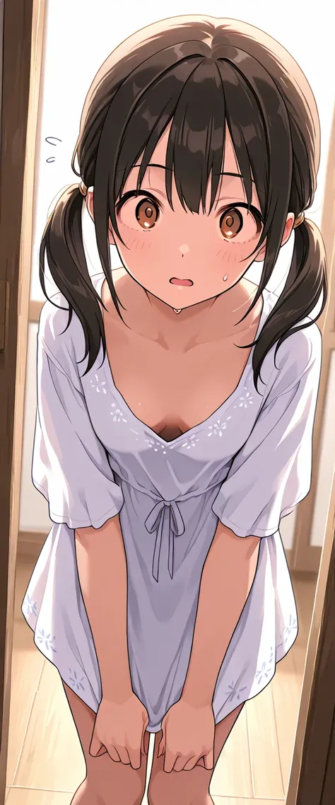  twin tails、 cleavage、 small breasts、 down blouse that shifts the chest、Shocked face