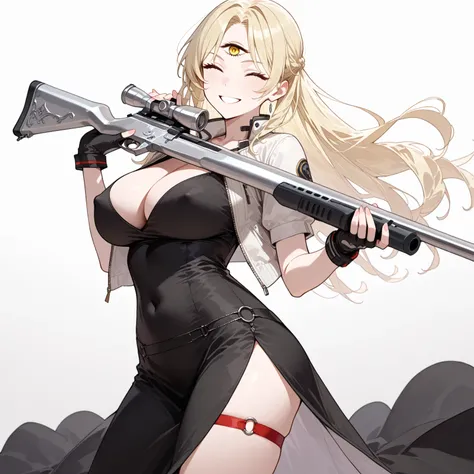 Score_9, score_8_up, score_7_up, source_semi-real, rating_safe, rating_questionable;; 1woman, solo, opera vectra;; looking happy, yellow blonde hair, dangerous pose, (holding white and silver rifle:1.37), Barrett 50 caliber sniper rifle with sci-fi muzzle ...