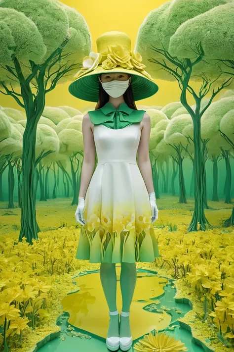 flower-dress and hat-mask, 3d landscape from-inside floor, white on green in yellow, gradient construction, unusual, lines, liquid, surreal trees