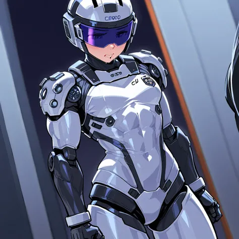 ( クラウド・ストライフ ),femboy, robocop, pretty face, beauty, toned muscles, assault visor, cyborg, sci-fi, robot joints, helmet, robocop, femboy, thin waist, cute guy, handsome robocop with semen poured into his mouth, looking in pain