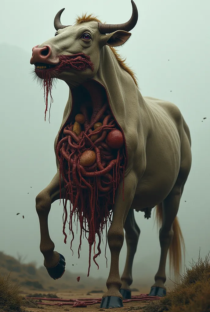 A cow with a horse's head and guts out 
