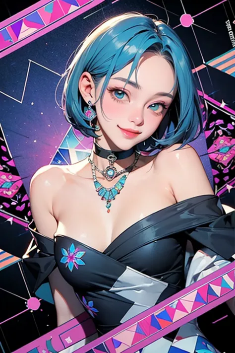 (      top quality   )、(      top quality   )、   cut、      chainsaw man    、 is    cute 、(      choker).     emerald eyes、 Short Bob、((      kind smile   )).((background、 kaleidoscopic geometric pattern:1.25)).(( different angles)).