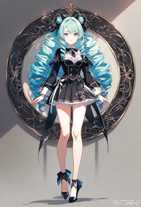 1 girle, Age 15, long hair, drill hair, Mint Cream Hair, Light Blue Eyes, Beautifully drawn lashes are long, full body, gothic clothing, High Heels, Anime, Masterpiece, UHD, retina, masterpiece, accurate, anatomically correct, textured skin, super detail, ...