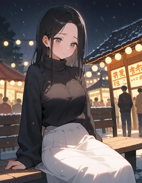 _Anime, 1 girl,   black hair, grey eyes,  long hair,  black shirt,  in white eyes , with open forehead,Focus on the face, Sweater,excited,shy,Worried,festival,Snowfall,Long white skirt top,milf, Slim , medium chest ,sit,Middle Ages, in the morning, cute,th...
