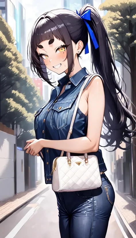 Cotton T-shirt, ( denim jacket:1.1), (Chino pants:1.4),  Canvas Sneakers, white handbag,( top quality, 8k,  masterpiece:1.3, beautiful girl), growing skin,((( long hair, ponytail, blue ribbon, beautiful hair, black hair:1.2))),( perfect anatomy, very well ...