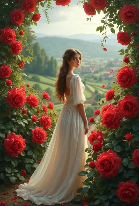  Medieval England, blooming rose garden , red big roses , morning, cloudy,  beautiful girl in the garden