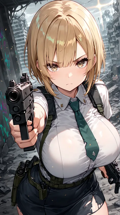 (masterpiece, highest quality), (very detailed, highest quality, official art, beautiful and aesthetic: 1.2), 1 Girl,Girl Firing Submachine Gun,(UZI),(Aiming:1.2),(Submachine Gun Detail:1.5), bulletproof suit, (turn towards the viewer), syncs body orientat...