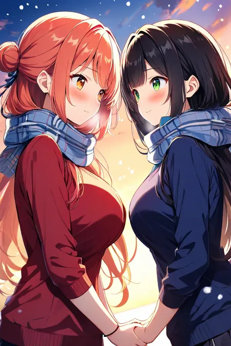 Two girls、 high school student、 and stare at each other、Blushing、（Hair bun wrapped up to the shoulder、orange-pink hair、Big Breasts、 orange eyes from the side diagonally）、（ black hair、 green eyes、 small tits、 long hair、Rin々Shii、Adult biru）、 sunset sky、 Dutc...