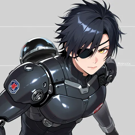 robocop, solo, assault visor, cyborg, science fiction, robot joints, helmet,shokudaikiri mitsutada,black hair,yellow eyes,black eye patch,eye patch on right eye,nagiichixl, femboy,