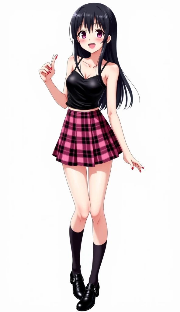  Japanese anime adolescent woman with long straight black hair and intense magenta eyes and red nails and wears a short top with thin straps in black., with a shiny leather-like finish .  The garment is tight and has an  "V". She combines it with a short p...