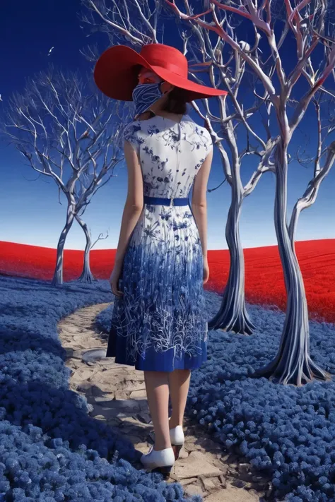 flower-dress and hat-mask, 3d landscape from-inside floor, white on indigo in scarlet, gradient construction, unusual, lines, liquid, surreal trees