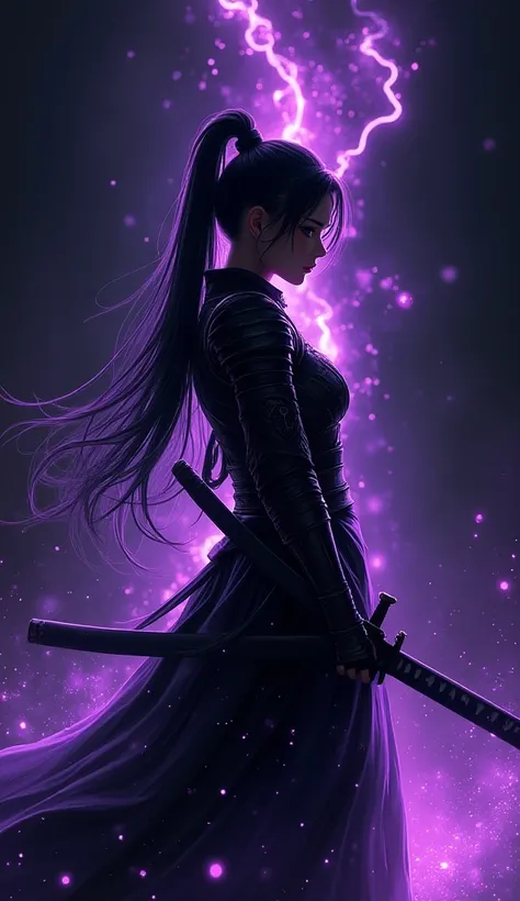 Make me a wallpaper with a very beautiful black background with purple details and a samurai female anime woman holding a katana with rays and beautiful details 