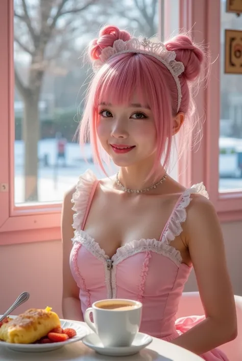 in maid-concept cafe on a winter afternoon, cute and vivid decorations on the walls, a cup of cofee and omelet on the cafe table, sunshine, a girl as maid and servant, put hands behind back, wearing pink gothic lolita fashion, a big smile, pampered express...