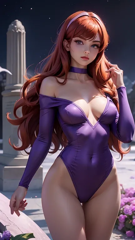          Daphne Blake with Scooby Doo     ,        beautiful woman, delicate and sensual  ,      young,  red wig COSTUME     ,  violet eyes,   ripped purple minidress          ,      showing breasts and nipples     ,   Fine coats     ,      Normal and beau...