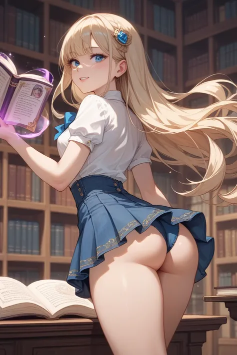 Draw an anime-style slut with long blond hair falling over her back.  blue eyes.  Perfect small breasts.  thin waist.  Big and very perky ass. Wearing green thin lace blouse and denim mini skirt. The little whore is in the empty university library studying...