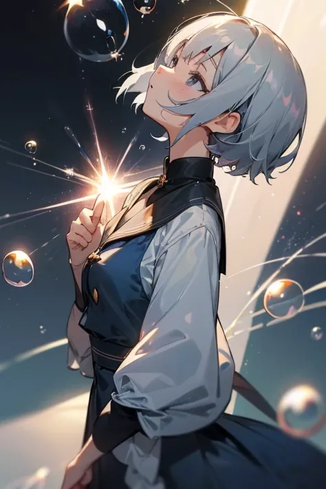        short hair、      gray hair、, , ((     look up from the frontアニメの美しい目 )).   中華    dress、    dress、 ((          gray eyes:1.25)).Headbang 2.、                   navy blue uniform              、   ((Correct finger:1.25)).((Refers to 4 books)).        lo...