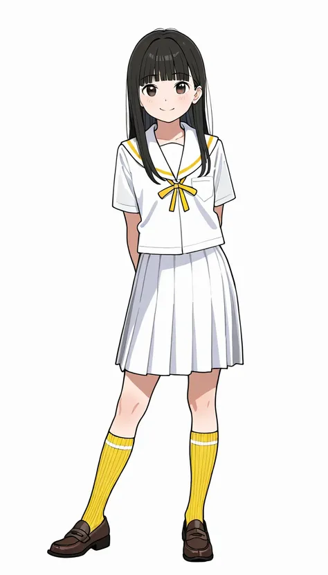 1 girl, 15yo, (smile:1.2), (white background), long black hair with blunt bangs, dark brown eyes,  left ear, white school uniform, yellow ribbon, loafers, yellow three-quarter socks, standing