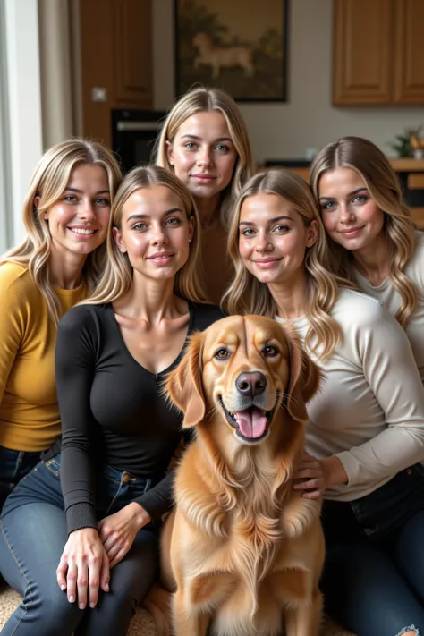 Photorealistic, realistic, golden retriever and 4 supermodel women, family portriat, casual dressed inside the house