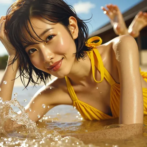 A head-on view of a Japanese woman in her 20s with short, wet hair, wearing a bright yellow halter neck swimsuit. She is lying on her side at the water's edge, resting her head on her right hand in a relaxed pose while smiling directly at the camera. Gentl...