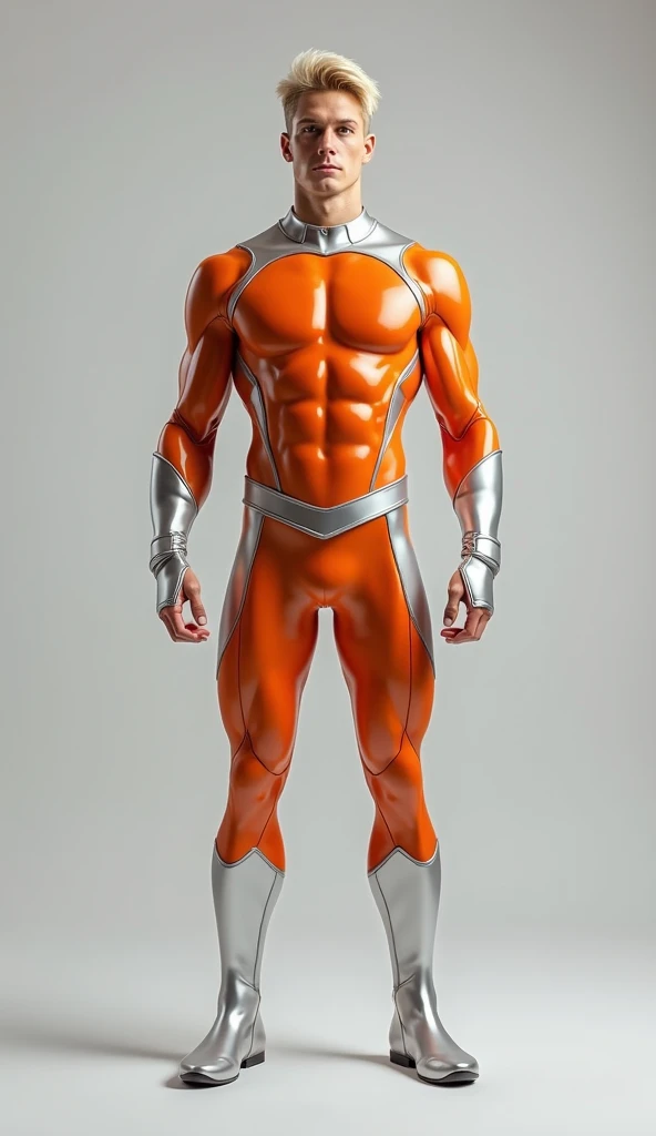 Create a slim realistic muscular handsome hunky slender blonde superhero wearing orange metallic and white metallic costume, super cute and bulge.  front view,  create full body image with light gray background  
