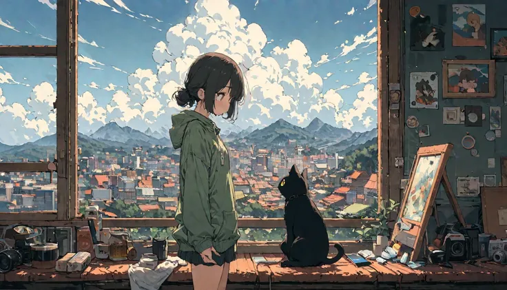 (( animation:1.4, illustration )),( masterpiece,  Superb,  top quality),( super detailed,  absolute resolution showing the body),((16k,  high resolution)), (((girl, A , Anpan,sky, black cat ,Cumulonimbus clouds )) ((cozy lofi  illustration :1.4)), (( anima...