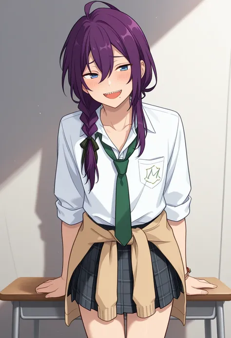 masterpiece, best quality, 
mayoi, 1boy, male focus, solo, purple hair, braid, single braid, long hair, ahoge, hair between eyes, hair over shoulder, ribbon, hair ribbon, blue eyes, mole, mole under mouth, gyaru, crossdressing, school uniform, skirt, white...