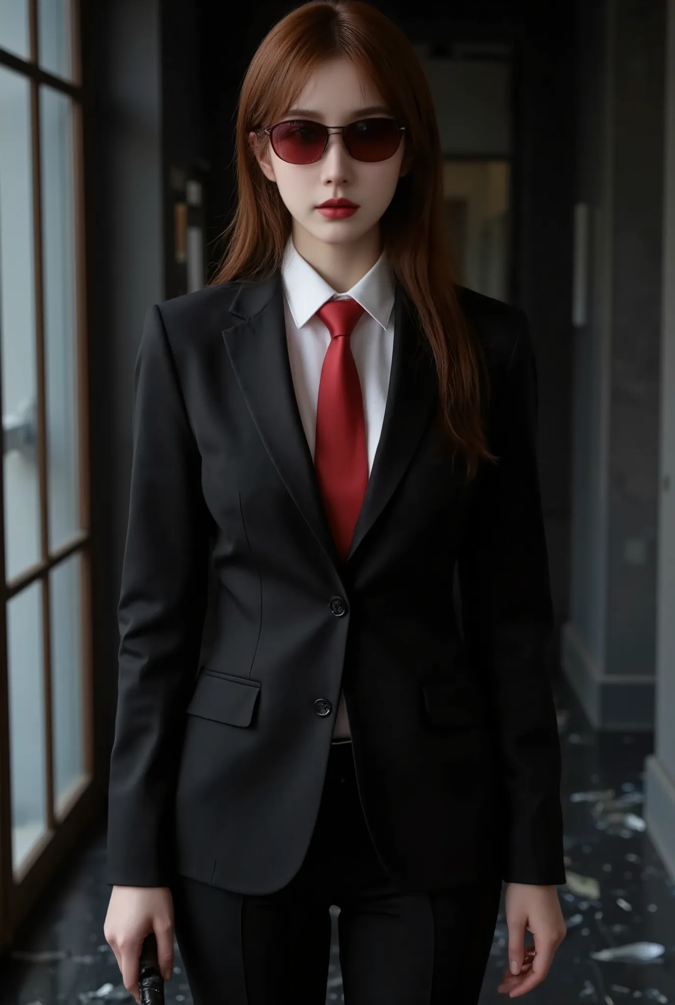 1girl pretty young korean woman with red long hair with full bangs, she's wearing a black suit with red necktie paired with a red matrix sunglasses, a katana is ready at her hand, standing at the end of a hallway, dark dim hallway, soft shadows casting ove...