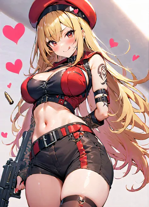 1girl, breasts, solo, tongue out, hat, weapon, thighhighs, long hair, tongue, blonde hair, large breasts, beret, red eyes, gun, navel, looking at viewer, licking lips, mole, :q, red headwear, virtual youtuber, bullet, heart, asymmetrical legwear, arms behi...