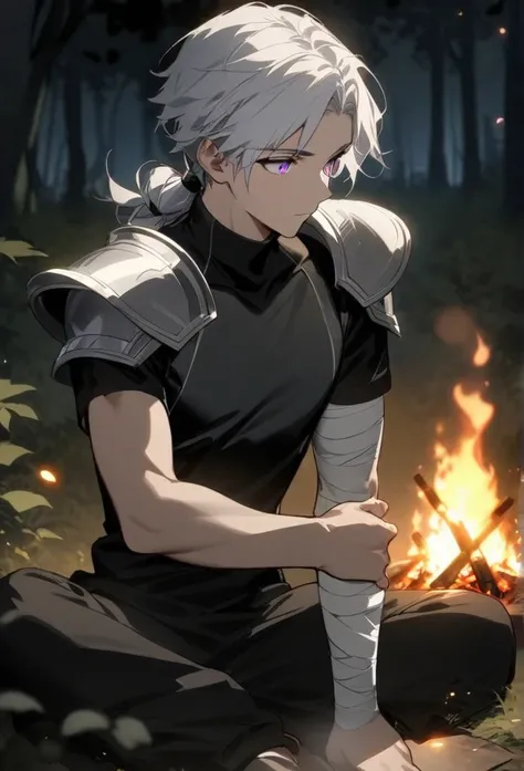  young Greek boy with long white hair tied,  the right arm covered by bandages,  Violet Eyes,  wearing two silver shoulder pads and a black high-neck shirt,  athletic body , Sitting alone around a fire, Night forest in the background, aesthetic and high-qu...