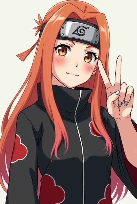   Generate an image of a character from the anime Naruto, a member of the group Akatsuki , with the following guidelines :

A 26 year old woman, long orange hair ,   brown eyes,  160cm of height .  Leave it with the body in the style of Hinata ,  but weari...