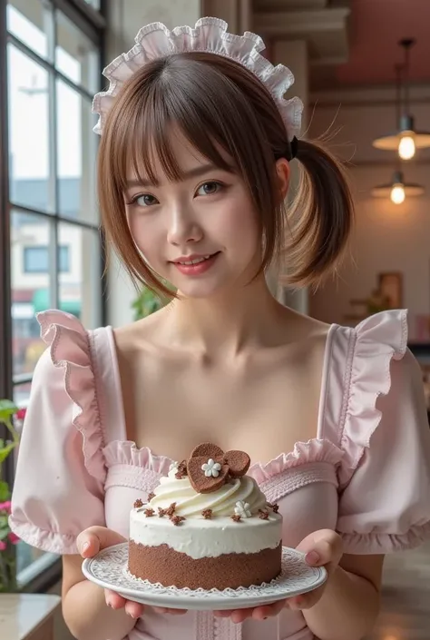 in a maid-concept cafe, cute and vivid decorations on the walls, sunshine, get to feed a big chocolate pie, maid, servant, wearing fluffy gothic lolita fashion, pampered expression, lovey-dovey, pale brown hair, twin tails hairstyle, twisted bangs, hair is...