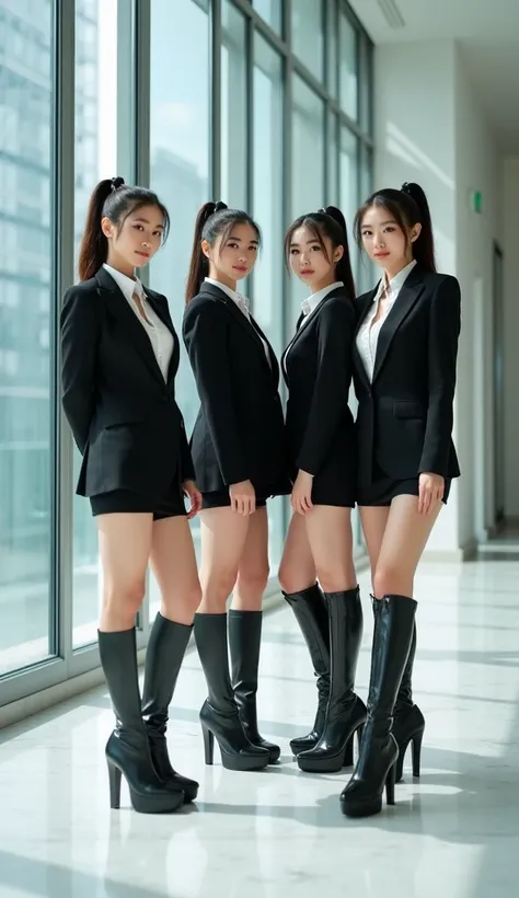 Four beautiful Chinese secretaries with athletic, fitness-type bodies posing next to a large window in a modern office with white marble floors. Some of them have their hair in a ponytail and small black framed reading glasses and others just have their ha...