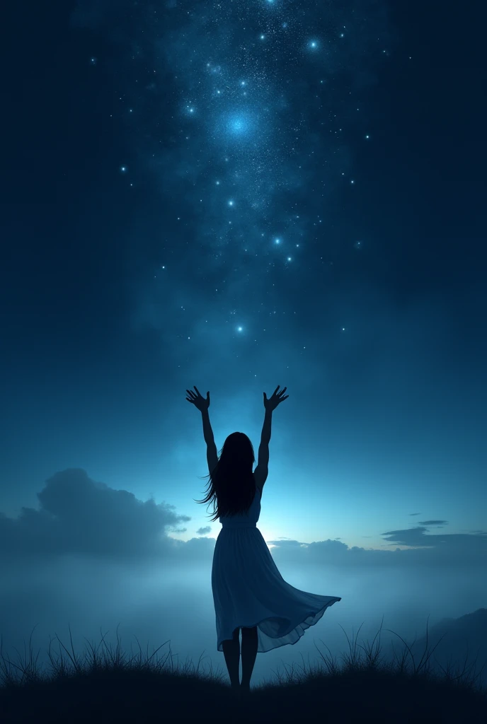 create a book cover where a woman in her back is trying to reach the sky at night, realistic, she's wearing a dress