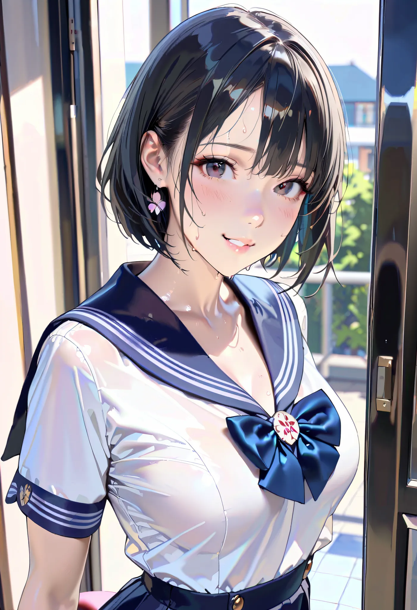 masterpiece, 8k,  photorealistic, Raw photo, best quality,  realistic glowing skin , (1 girl), (dynamic pose), It makes me breathe, Classic navy blue and white sailor suit , Summer clothes,  excited expression, Hot Eyes, Natural black hair,  bob cut hairst...