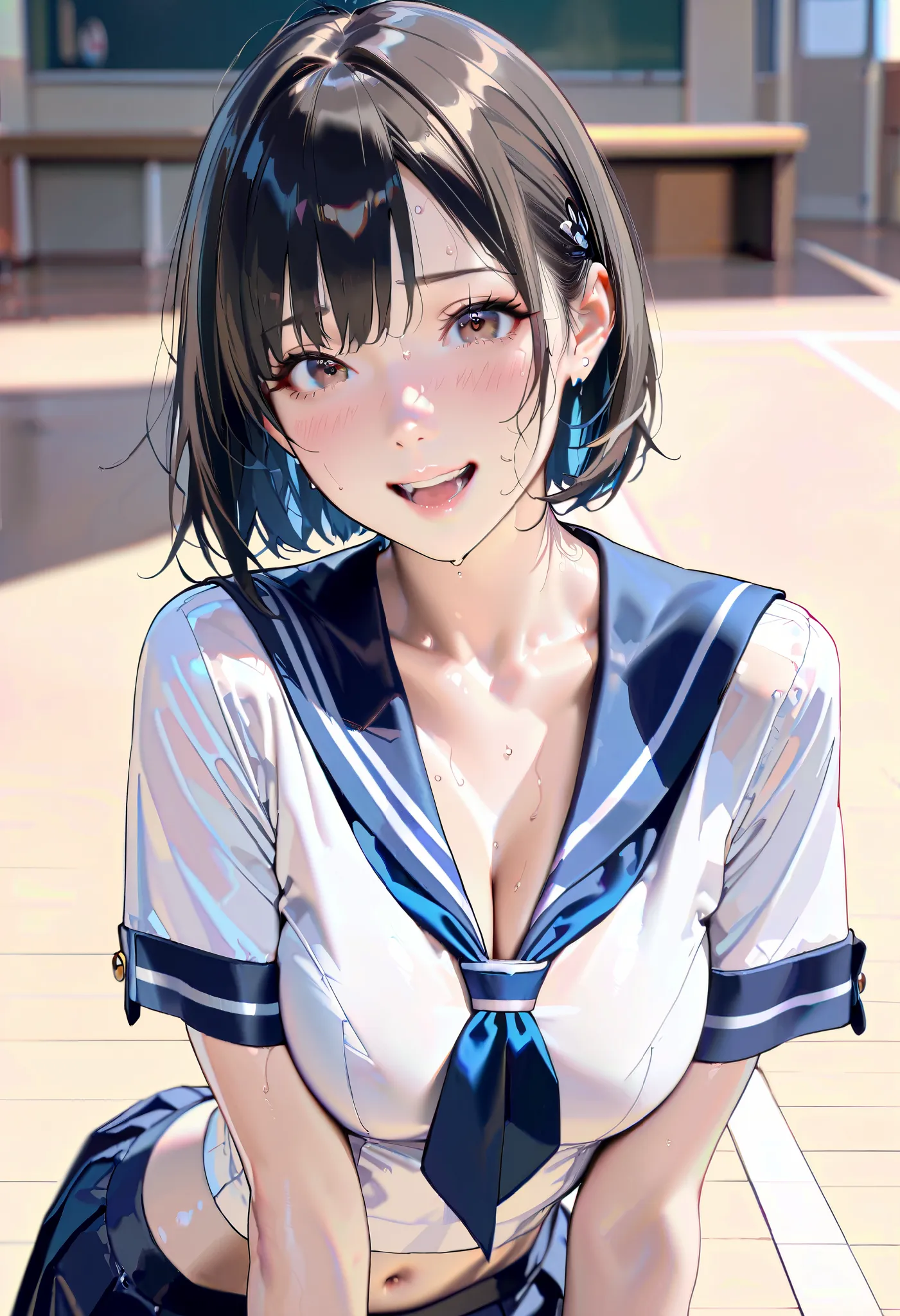 masterpiece, 8k,  photorealistic, Raw photo, best quality,  realistic glowing skin , (1 girl), (dynamic pose), It makes me breathe, Classic navy blue and white sailor suit , Summer clothes,  excited expression, Hot Eyes, Natural black hair,  bob cut hairst...