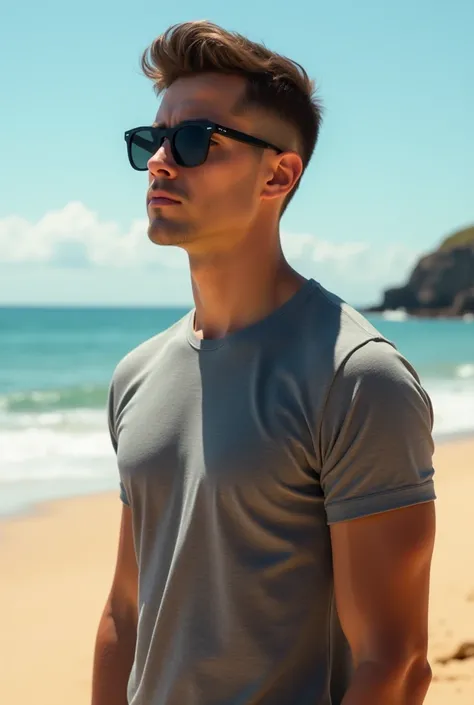 Young man wearing sunglasses with a smooth gray t-shirt on the beach