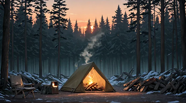  huge _ very high resolution,  high resolution,  masterpiece, Forest camping, "The bonfire is almost extinguished in the distance. The remaining red flame glows subtly. There is no smoke" , and a faint smoke rises into the air, sunset,  blurry ,  soft_ligh...