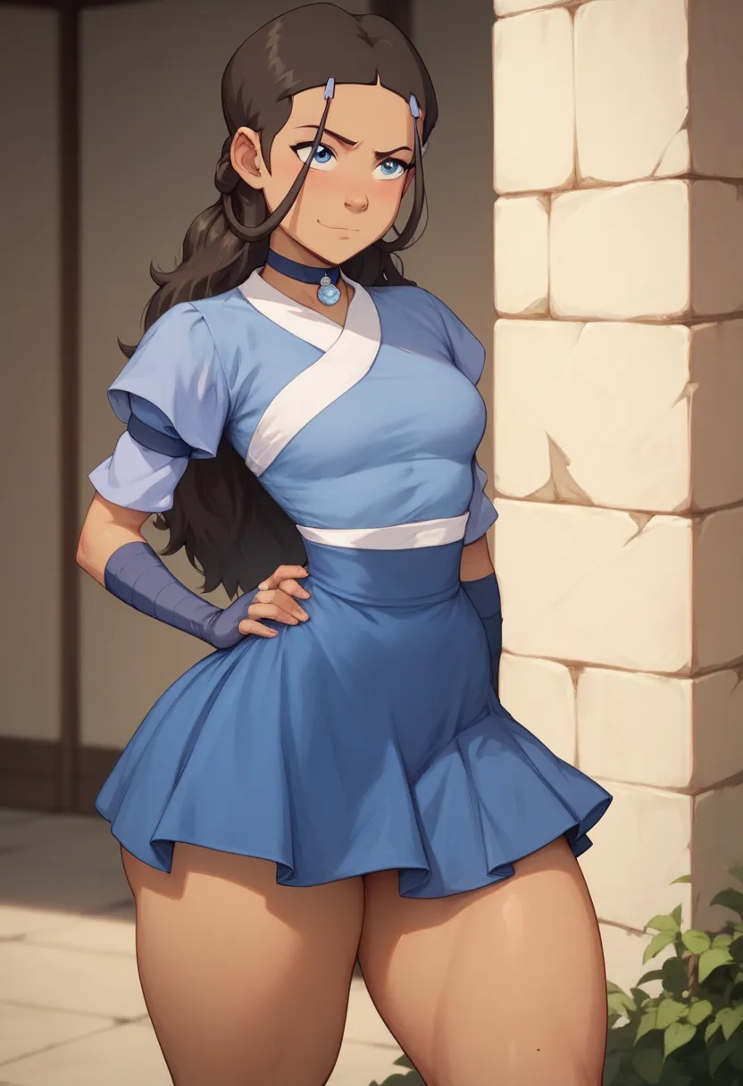 Katara girl, big tits, blue dress, mini skirt, big neckline, big fat ass, flat abdomen, small waist, defined body, big thighs