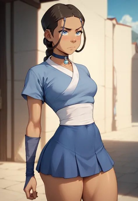 Katara girl, big tits, blue dress, mini skirt, big neckline, big fat ass, flat abdomen, small waist, defined body, big thighs