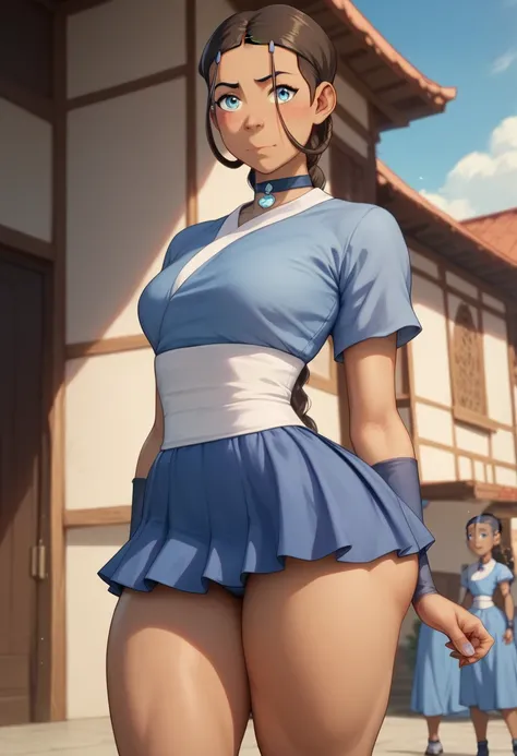 Katara girl, big tits, blue dress, mini skirt, big neckline, big fat ass, flat abdomen, small waist, defined body, big thighs