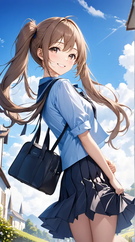 ((masterpiece)), ((best quality)), ((highres)), ((extremely detailed CG unity 8k wallpaper)), solo, girl with brown long twintail hair blue shading, , tan school uniform, dark blue shirt skirt,carries black schoolbag,  she smiles, beautiful  blue sky scene...