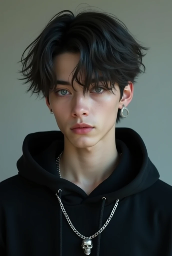 A gray-blue-eyed guy with dark ash hair in a black shirt and black sweatpants around his neck. A silver chain with a skull he is 18 years old,  photo ,  realistically , 4K 