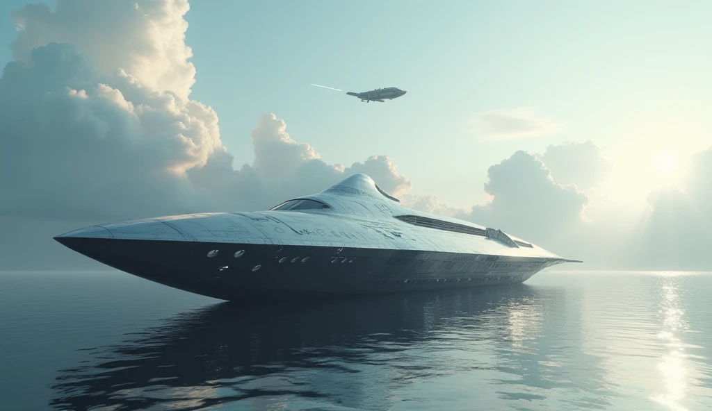 Create a hyper-realistic image of a massive, futuristic spaceship floating on a calm, reflective body of water. The spaceship has a sleek, metallic design with a triangular, pointed front and a wide, rounded rear, featuring large circular cutouts in its st...