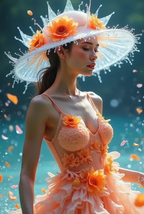 woman, hat made of icy transparent glass physalis, dress made of a million petals, splashes of juice, dynamic pose